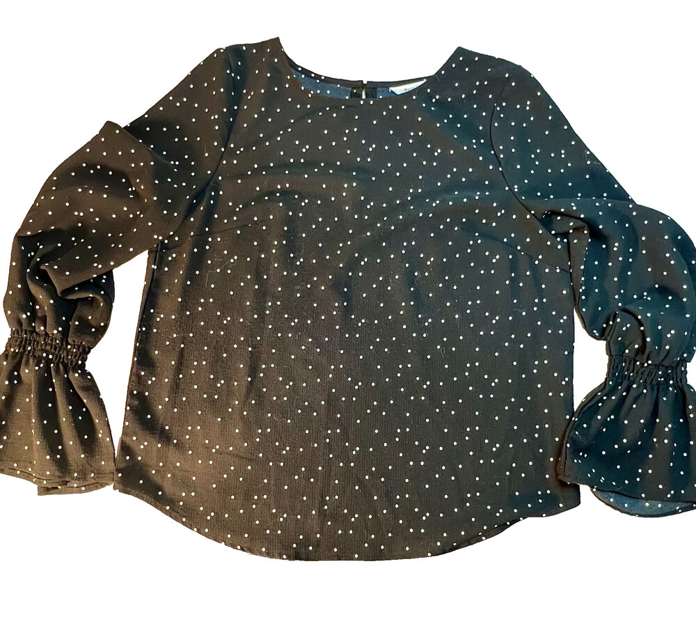 White House Black Market WHBM Blouse Womens M Black Polka Dot Balloon Sleeve